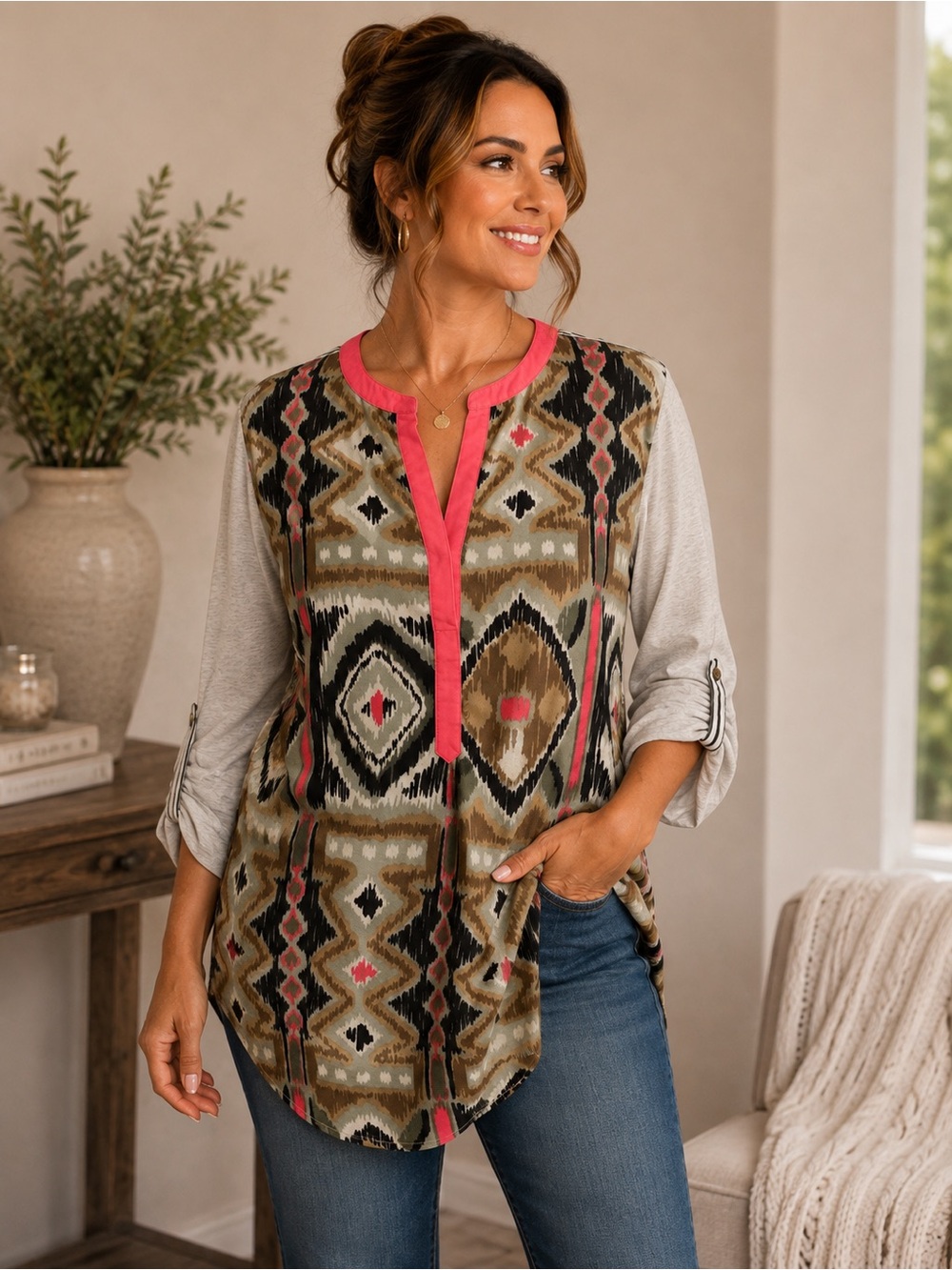 Ali Miles Abstract Ikat Tunic Top Roll Tab Sleeves Boho Artsy Coral Gray Green